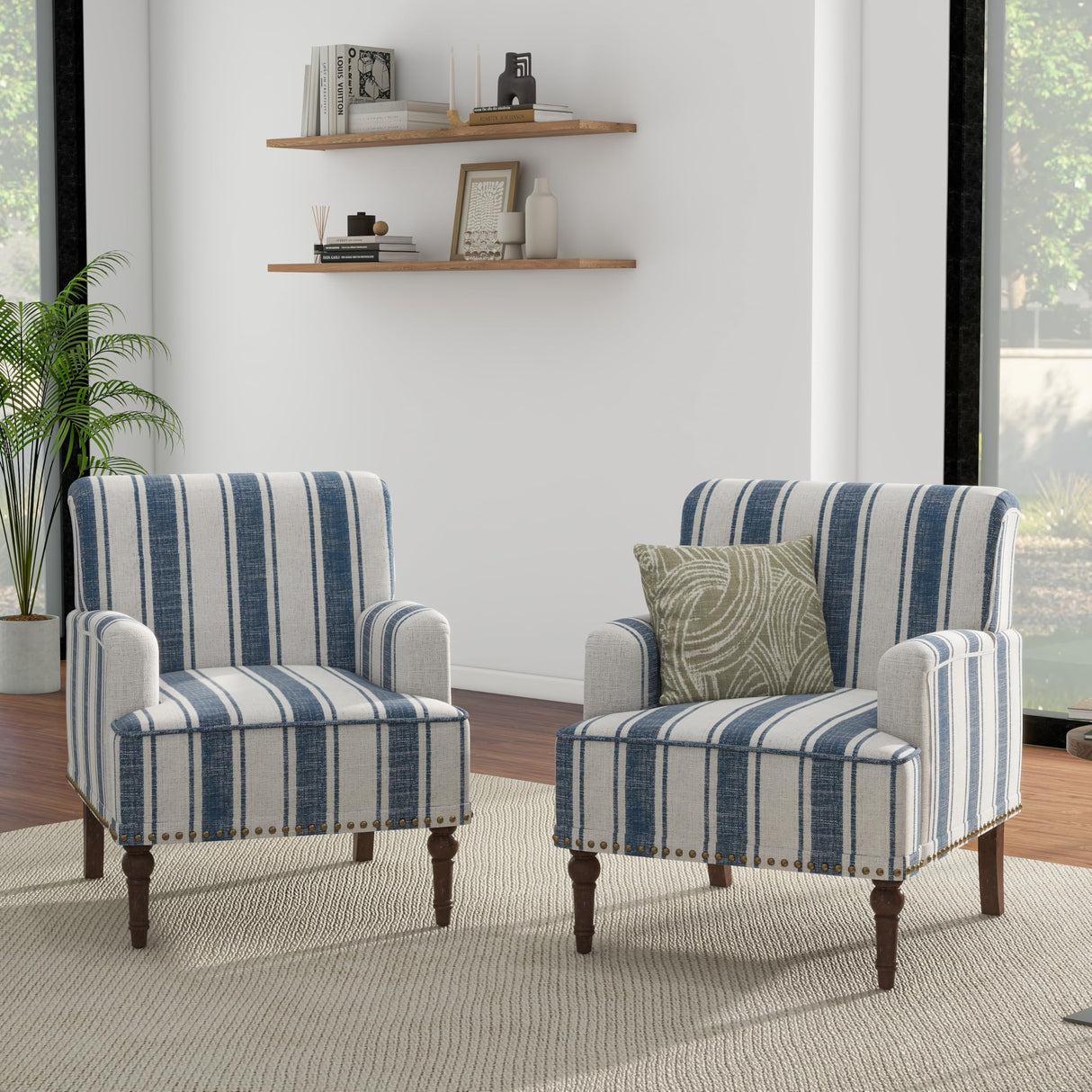 UIXE Stripe Accent Chair Arm Chair, Modern Nailhead Trim Club Armchair with Wood Legs, Comfy Living Room Single Sofa Reading Seat Bedroom Side Seating for Home Office, Dark Blue UIXE