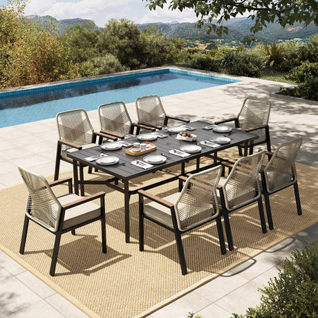 HERA'S HOUSE 9 Pieces Outdoor Dining Set, Patio Table and Chairs for 8, 8 x Cushioned Rattan Patio Chairs and 1 x 83 Large Rectangle Dining Table, Outdoor Dining Table Set for Lawn Garden HERA'S HOUSE
