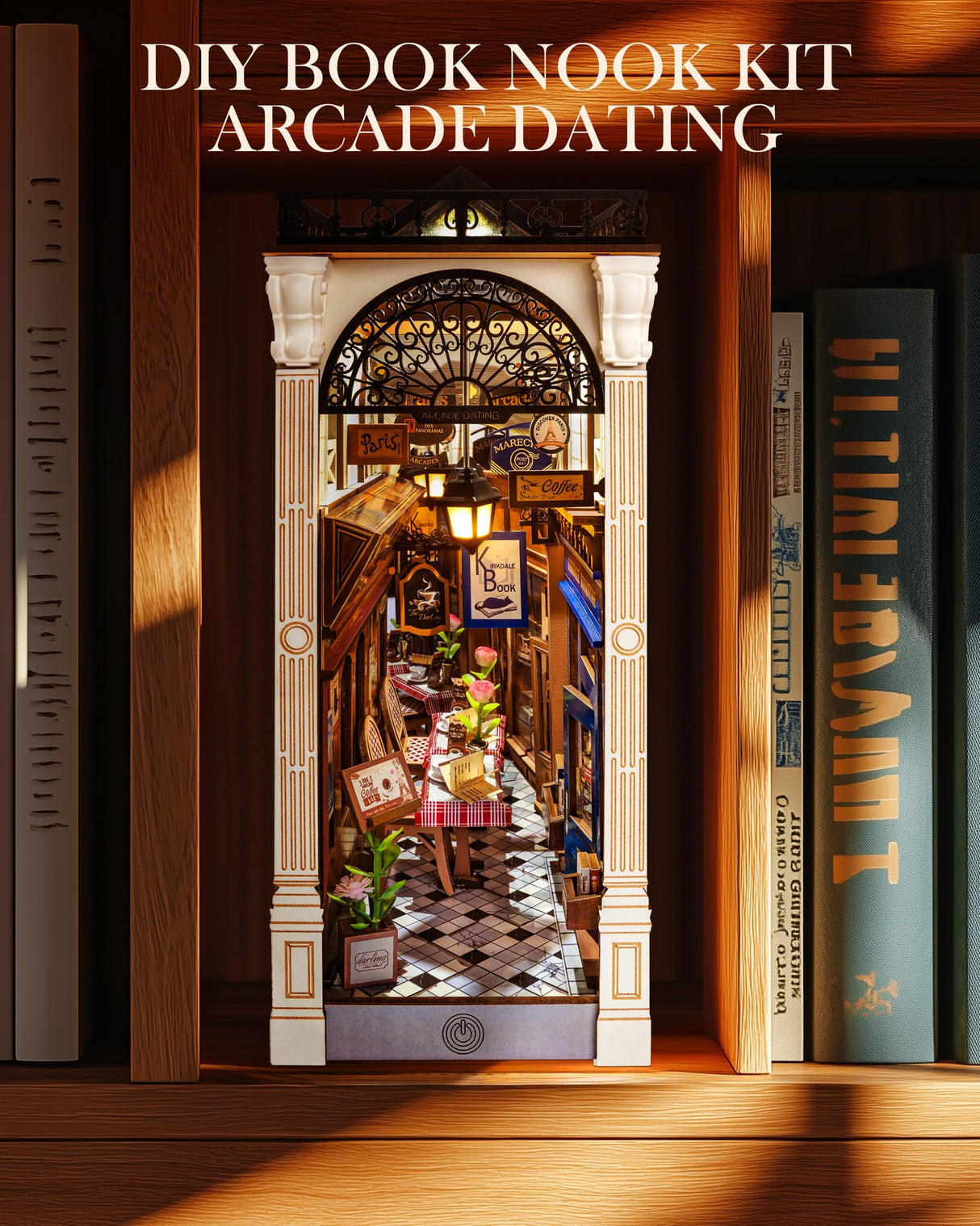 Rolife DIY Book Nook Kit for Adults European Arcade Street Scene, Miniature House Kits 3D Wooden Puzzle Booknook with LED Lighting, Home Decor Craft Creative Gift for Mom Dad Teens Rolife