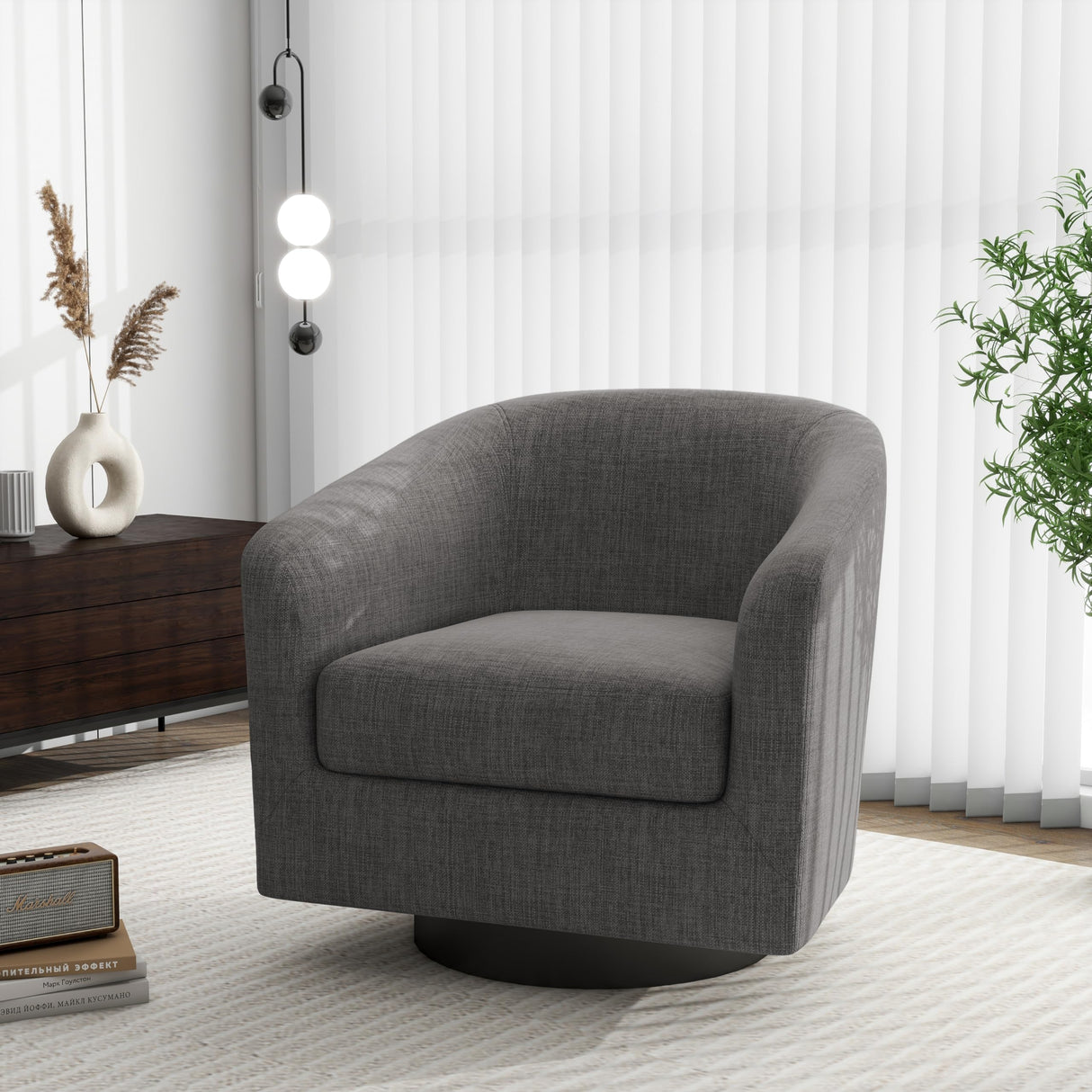 Swivel Barrel Accent Chair, Modern Round Linen Arm Chair for Living Room, Bedroom, Comfy Club Reading Chairs for Adults（Linen Fabric, Grey, Set of 2 DREAMSIDEA