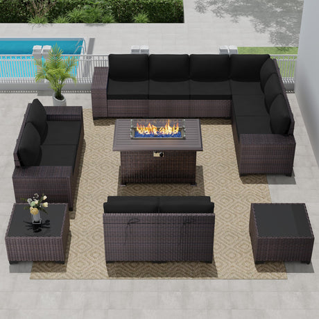 RTDTD Outdoor Patio Furniture Set with Propane Fire Pit Table, 13 Pieces Outdoor Furniture Patio Sectional Sofa Conversation Sets w/ETL Approved 43" Gas Outdoor Fire Table & Coffee Table(Black) RTDTD