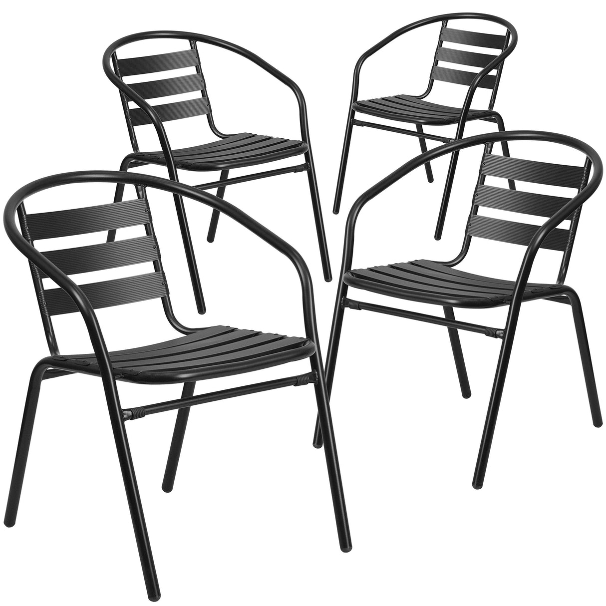Flash Furniture Aluminum Slat Back Stacking Outdoor Restaurant Chairs, Modern Stackable Patio Chairs for Restaurants, Set of 4, Black Flash Furniture
