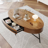 GarveeHome Oval Coffee Table with Drawer Mid-Century Modern Center Table 47.2“ Wooden Coffee Table with Storage and Cross Metal Legs Unique Curved Design for Living Room (Natural) GarveeHome