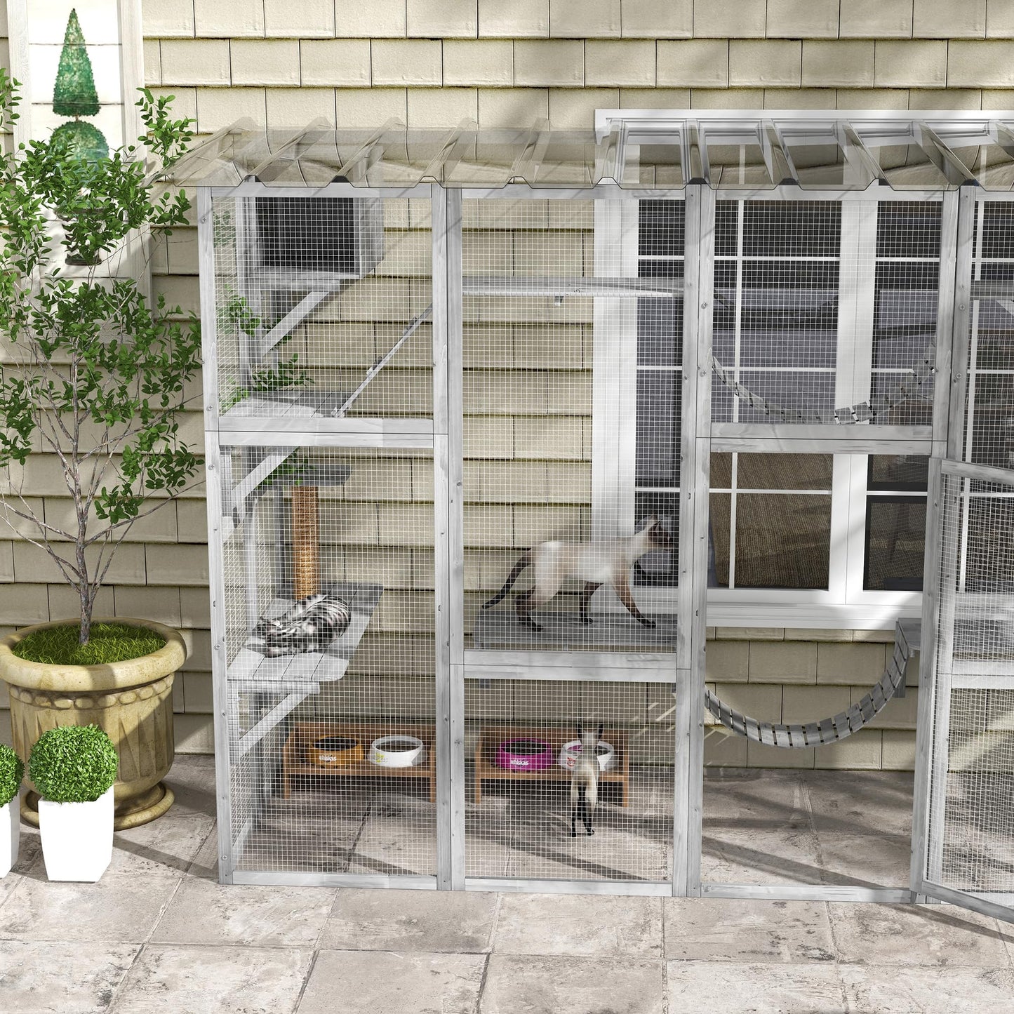 PawHut Catio Playground Cat Window Box Outside Enclosure, Outdoor Cat House with Weather Protection Roof for Multiple Kitties, Wooden Frame, Shelves & Bridges, 118" x 37.5" x 74", Gray - WoodArtSupply