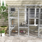 PawHut Catio Playground Cat Window Box Outside Enclosure, Outdoor Cat House with Weather Protection Roof for Multiple Kitties, Wooden Frame, Shelves & Bridges, 118" x 37.5" x 74", Gray PawHut