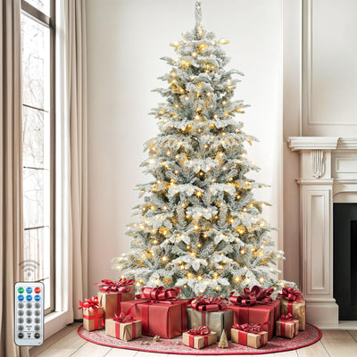 DWVO 6.5 FT Pre-Lit Snow Flocked Christmas Tree, Layered Artificial Xmas Tree with 760 PE & PVC Branch Tips and 350 Multi-Mode Lights for Home, Office, and Party Decor with Remote Control