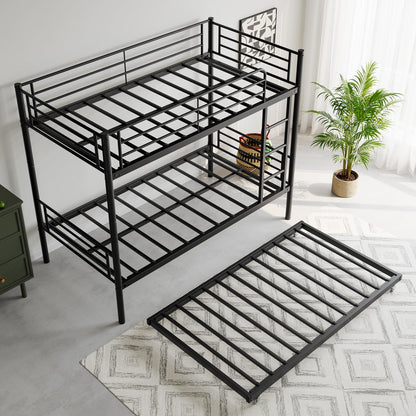 Yafornis Twin Bunk Bed with Trundle, Heavy Duty Metal Bunk Beds with Ladder and Full-Length Guardrail, Noise Free, No Box Spring Needed, Black