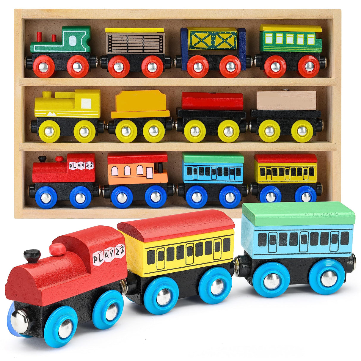 Wooden Train Set 12 PCS - Train Toys Magnetic Set Includes 3 Engines - Toy Train Sets For Kids Toddler Boys And Girls - Compatible With All Major Play22