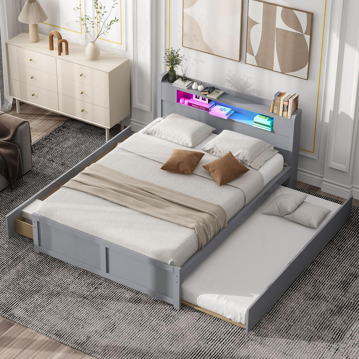 Merax Queen Size Wood Captain Platform Bed Frame with Storage LED Headboard,2 Drawers and 1 Twin Size Trundle,Grey Merax