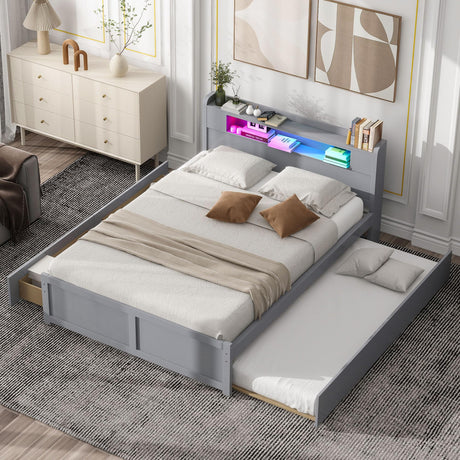 Merax Queen Size Wood Captain Platform Bed Frame with Storage LED Headboard,2 Drawers and 1 Twin Size Trundle,Grey Merax