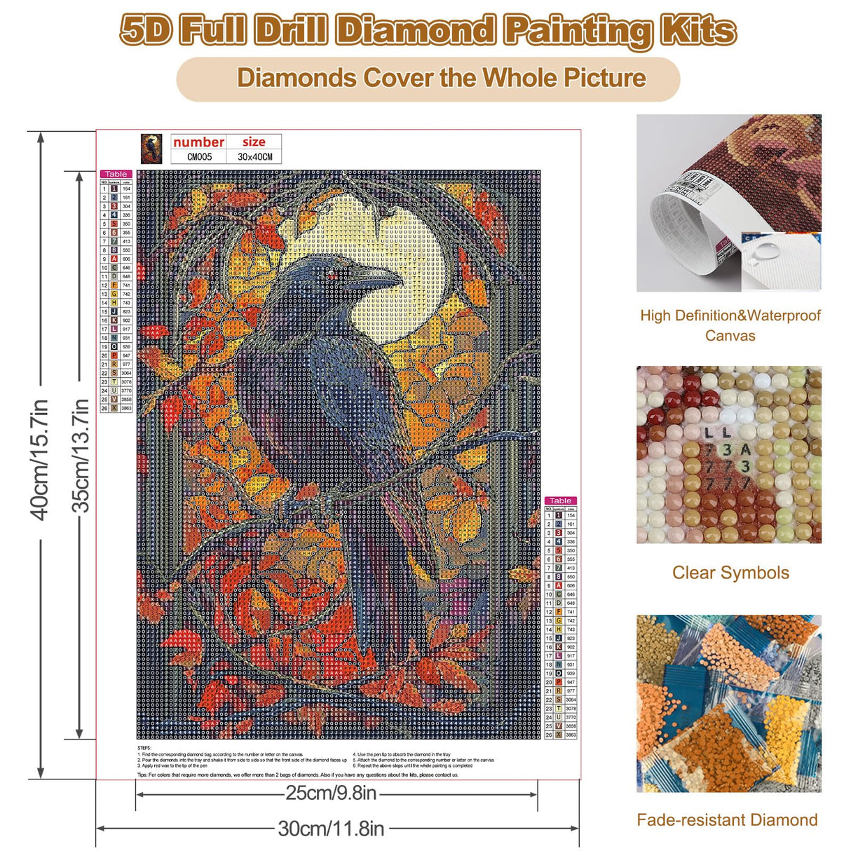 CEOVR Crow Diamond Art Kits for Adults, Raven Diamond Painting Dots DIY DIY Gem Art, Adult Crafts Kits Wall Decor for Home Office 12x16in CEOVR