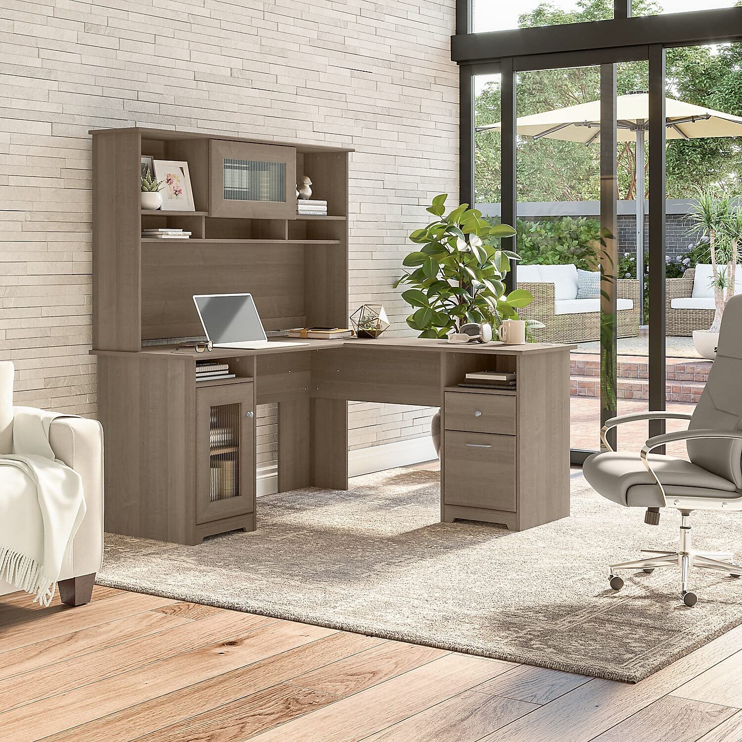 Bush Furniture Cabot L Shaped Desk with Hutch | Corner Desk with Storage for Home Office in Ash Gray | 60W L Shaped Computer Desk - WoodArtSupply