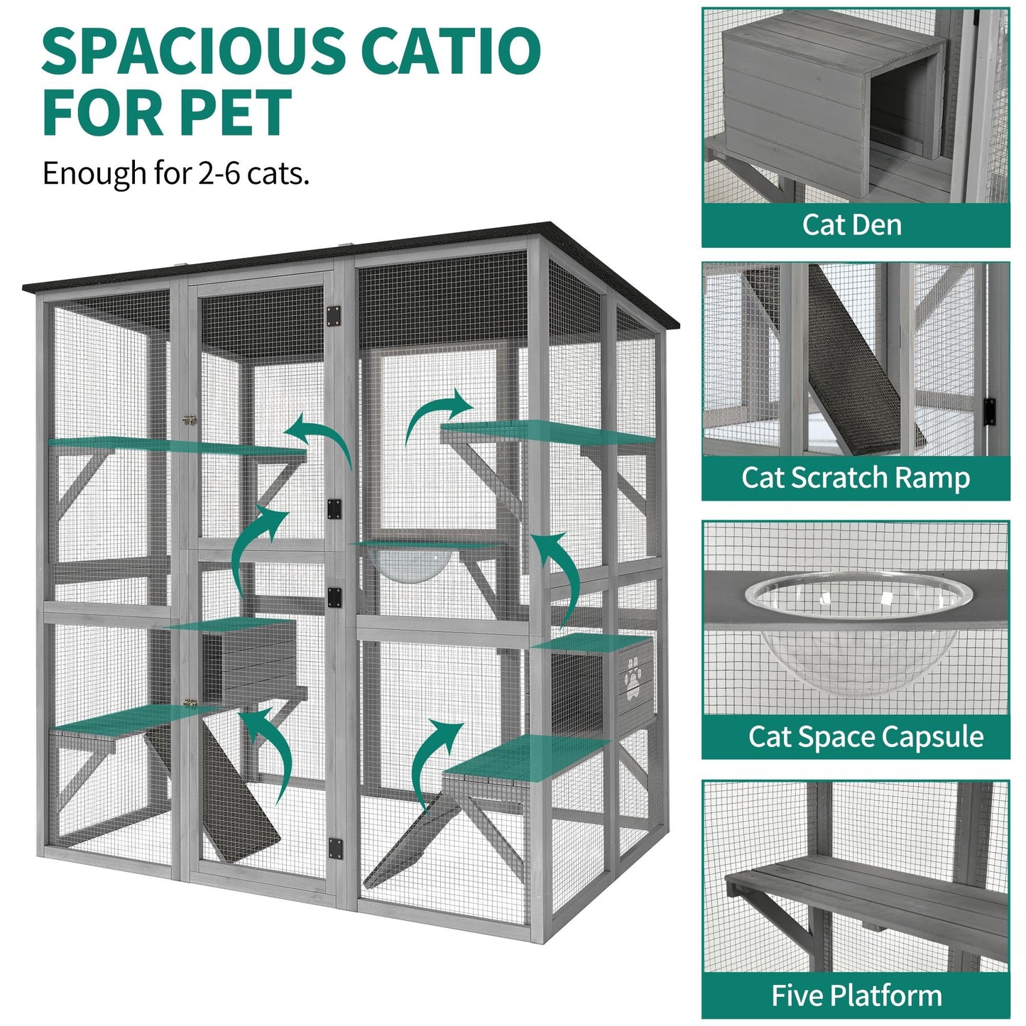 YITAHOME Catio Outdoor Cat Enclosure Large, Tall Wooden Cat House with Weatherproof Asphalt Roof, Cat Cage Playpen with Multiple Platforms & 2 Resting Boxes, 70.9" L x 38.2" W x 70.9" H