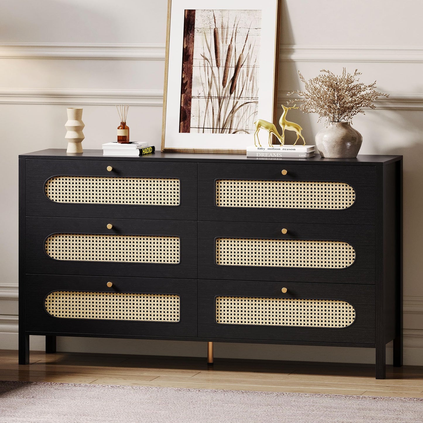 DWVO Natural Rattan 6 Drawer Dresser-Wooden Black Boho Double Dresser Chest of Drawers with Golden Handles-Modern Large Closet Dressers Storage Cabinet for Living Room/Hallway/Entryway