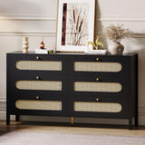 DWVO Natural Rattan 6 Drawer Dresser-Wooden Black Boho Double Dresser Chest of Drawers with Golden Handles-Modern Large Closet Dressers Storage Cabinet for Living Room/Hallway/Entryway DWVO