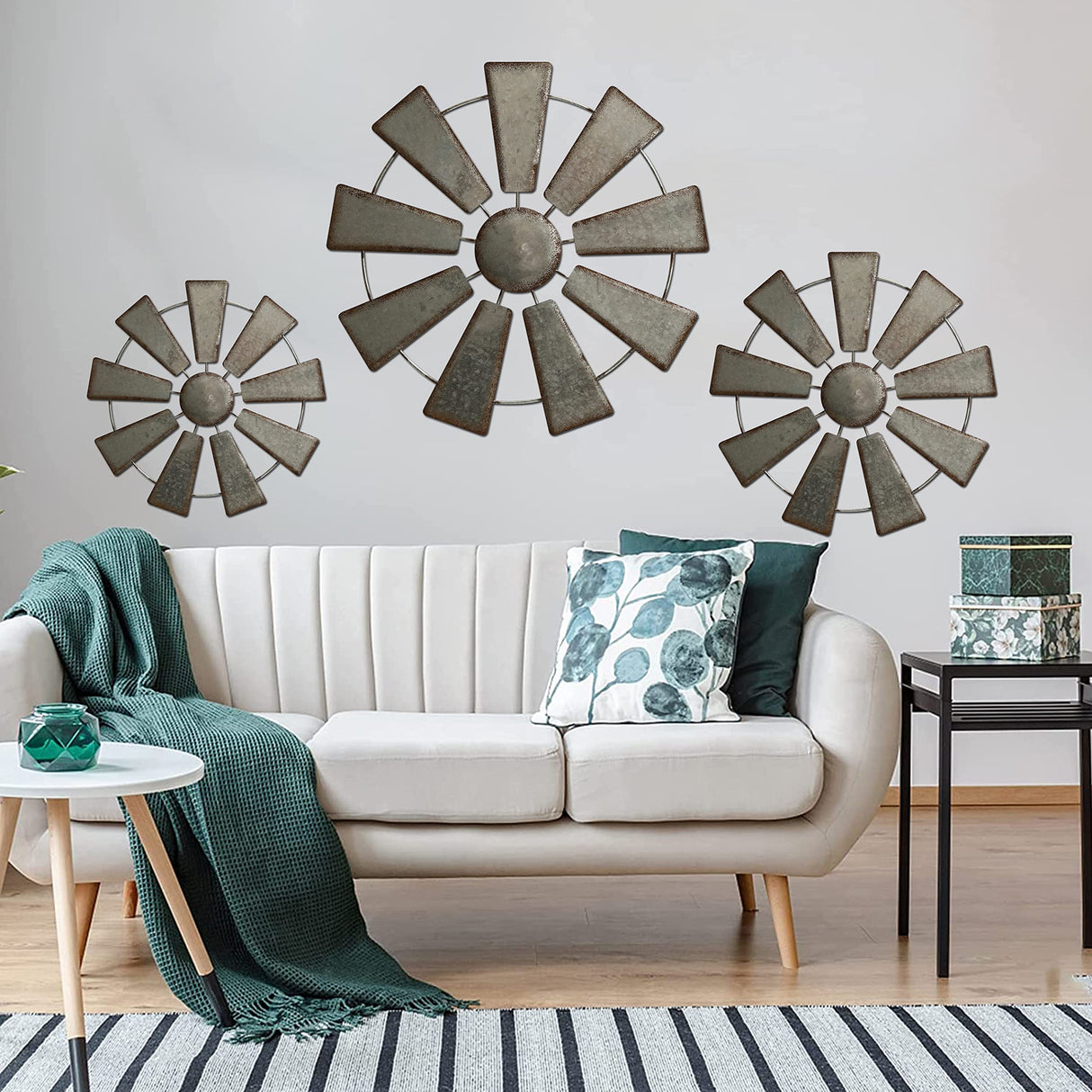 COLLECTIVE HOME - 3 Pcs Metal Windmill, Galvanized Hanging Wall Decor, Farmhouse Wall Sculpture, 3D 13/11/9.5 Inch Wall Art for Office Living Room Bedroom (Windmill) COLLECTIVE HOME