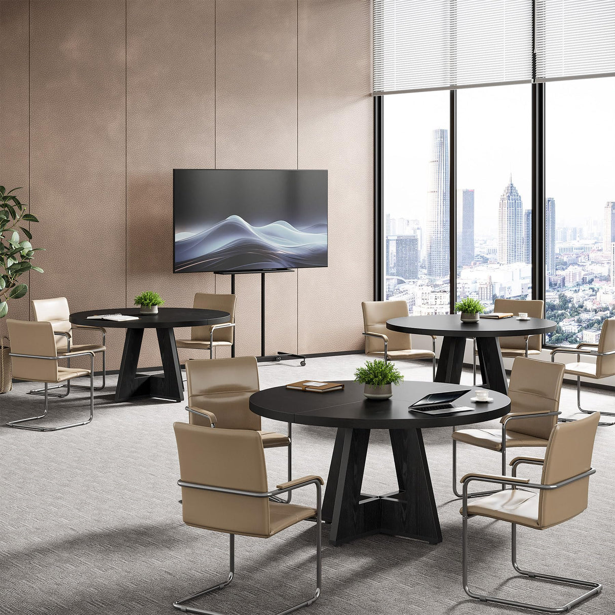 Tribesigns 47-Inch Round Conference Table for 4-6 People, Wooden Meeting Room Table with Thicken Tabletop and Wood Base (Black) Tribesigns