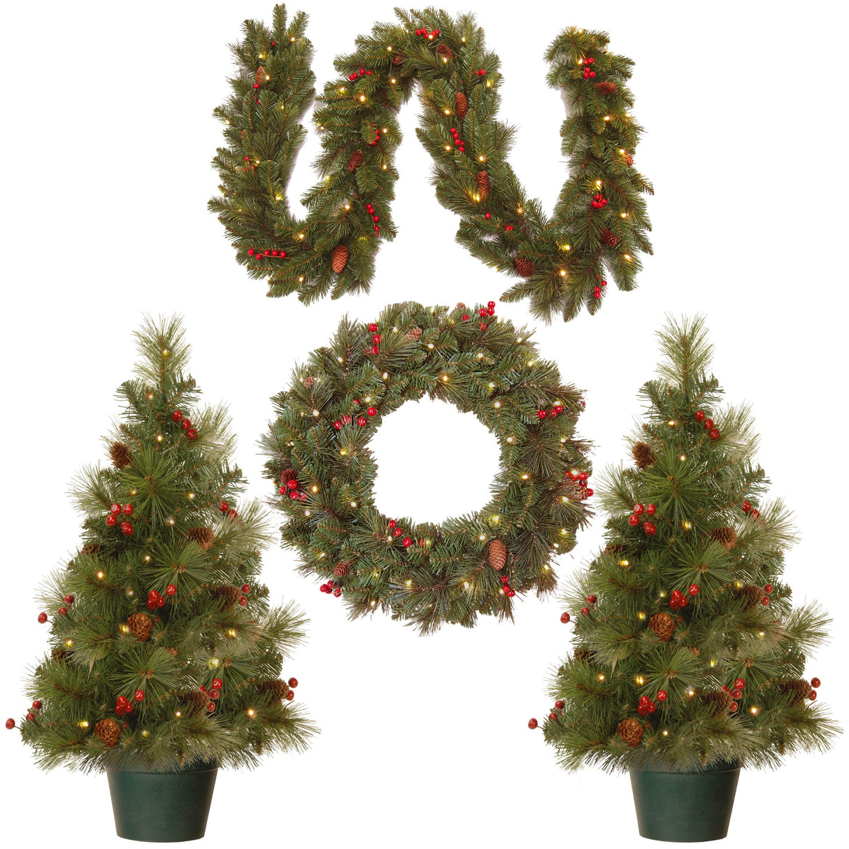 National Tree Company National Pre-lit White LED Lights Holiday Christmas 4-Piece Set | Garland, Wreath and Set of 2 Entrance Trees, No Size, Green National Tree Company