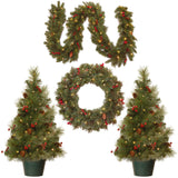 National Tree Company National Pre-lit White LED Lights Holiday Christmas 4-Piece Set | Garland, Wreath and Set of 2 Entrance Trees, No Size, Green National Tree Company