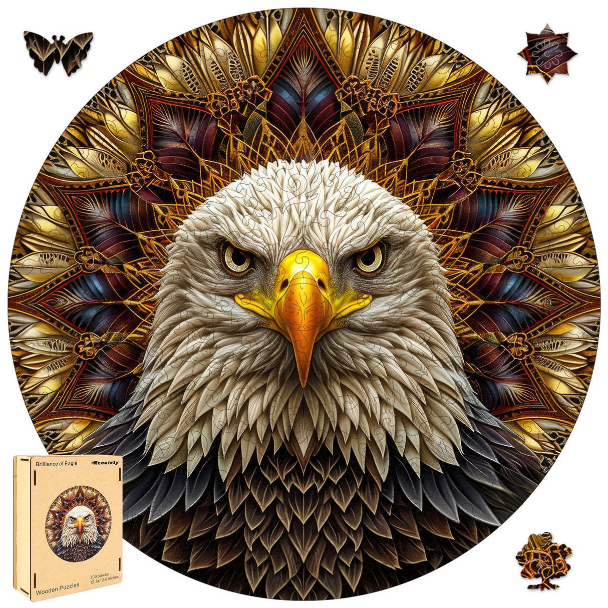 Bald Eagle Wooden Puzzle for Adults 500 Piece, Mandala Wooden Jigsaw Puzzles, Inspiring Puzzle, Beautiful Wooden Puzzle with Box Birthday Gifts for Adults and Kids Family Game(16.5 * 16.5in) Reouinty