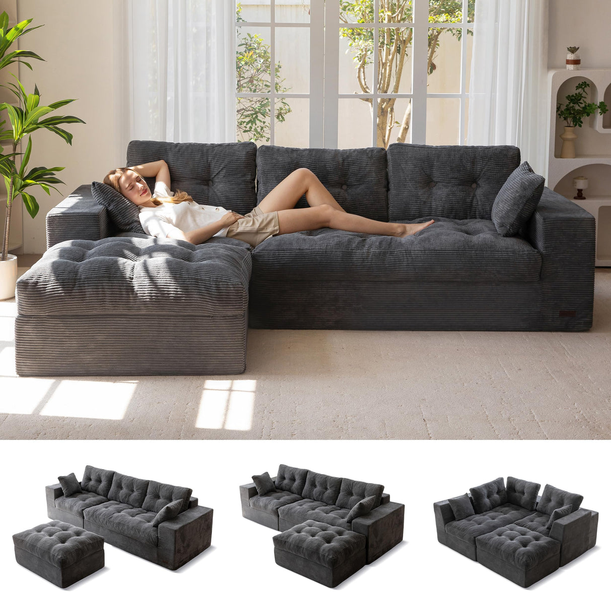 MAXYOYO L-Shaped Sectional Sofa with Convertible Left/Right Ottoman, Cloud Boneless Modular Couch, Layered Cushion & Tufted Upholstered, 4-in-1 Flexible Combination, No Assembly, Dark Grey MAXYOYO