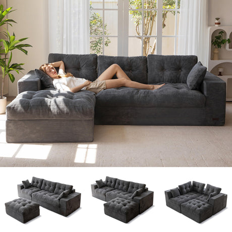MAXYOYO L-Shaped Sectional Sofa with Convertible Left/Right Ottoman, Cloud Boneless Modular Couch, Layered Cushion & Tufted Upholstered, 4-in-1 Flexible Combination, No Assembly, Dark Grey MAXYOYO