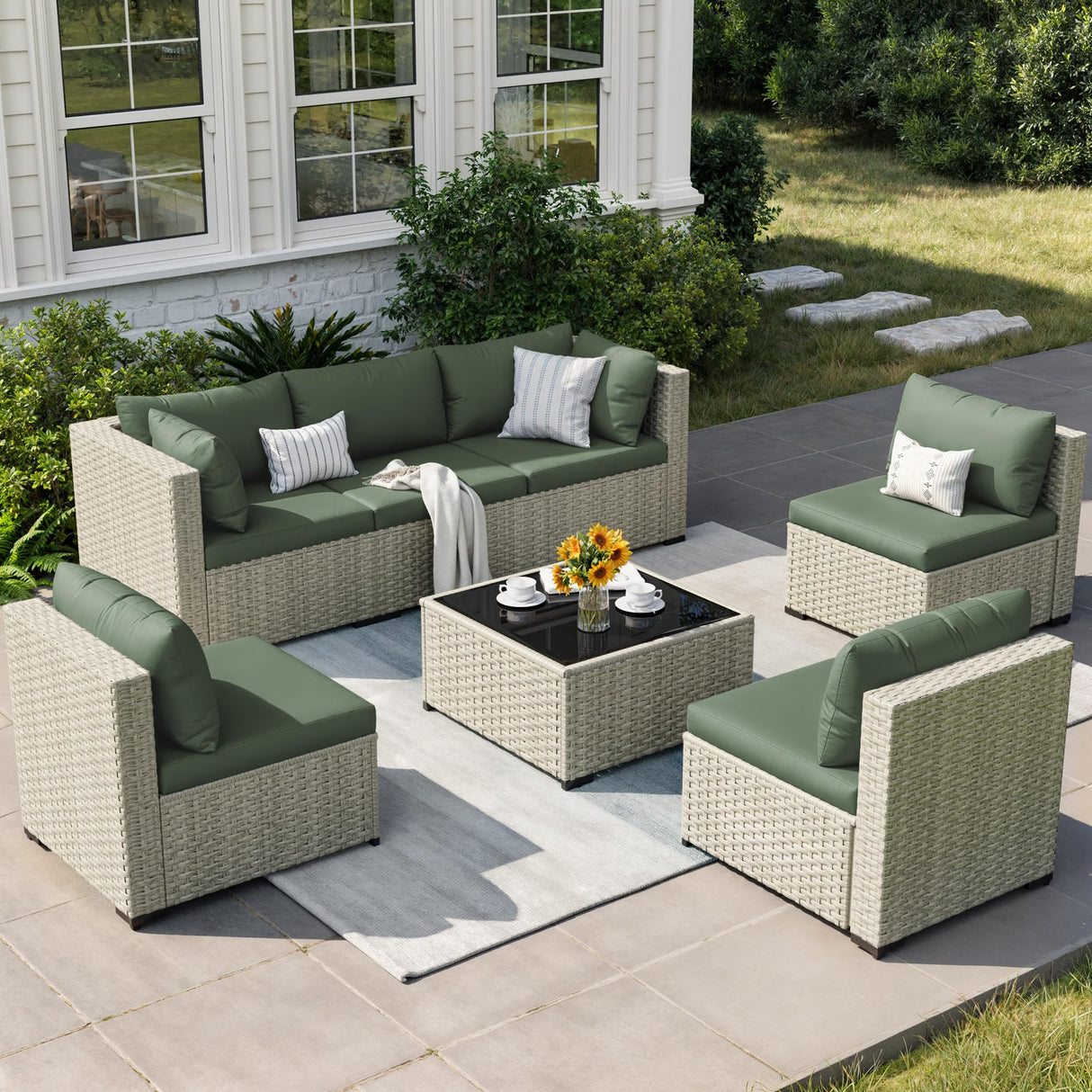 VONZOY Patio Furniture Set, 7-Piece Outdoor Sectional All-Weather Wicker Patio Conversation Set for Backyard (Green Cushions with Grey Rattan) VONZOY