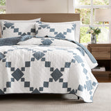 WDCOZY 100% Cotton Quilt Queen Size, Lightweight Reversible Gingham Patchwork Bedding Set with 2 Pillow Shams, Blue Block Pattern Farmhouse Bedspread Shabby Chic Coverlet Thin Comforter All Seasons WDCOZY