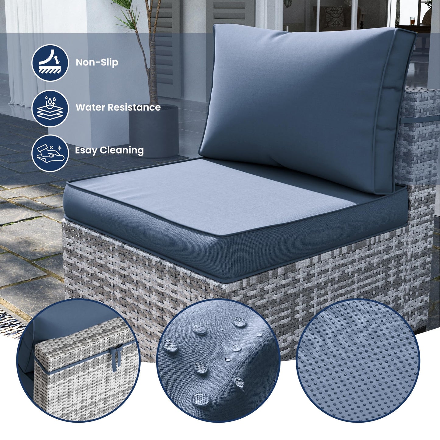 UDPATIO Patio Furniture Sets, Modular Rattan Outdoor Patio Sectional Furniture Sofa Set, Wicker Patio Conversation Set for Backyard, Deck w/Coffee Table, 7PC Grey/Blue (Include Sofa Cover)