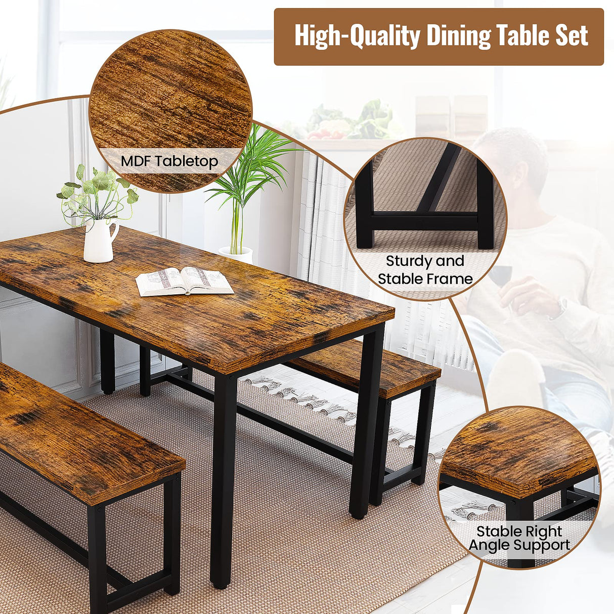 Recaceik Dining Table Set for 4 Kitchen Table Set with 2 Dining Benches, 3 Piece Farmhouse Dining Room Table Set Industrial Breakfast Nook Table Set for Small Space, Apartment, Rustic Brown Recaceik