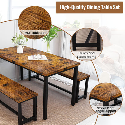 Recaceik Dining Table Set for 4 Kitchen Table Set with 2 Dining Benches, 3 Piece Farmhouse Dining Room Table Set Industrial Breakfast Nook Table Set for Small Space, Apartment, Rustic Brown - WoodArtSupply