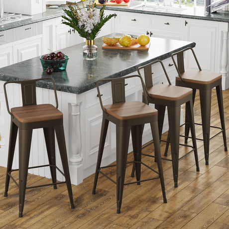 POINTANT Bar Stools Set of 4 Metal Bar Stool Counter Height Bar Stools Rusty, Modern 26" Bar Chairs with Back and Wooden Seat Bar Stool Counter Height POINTANT