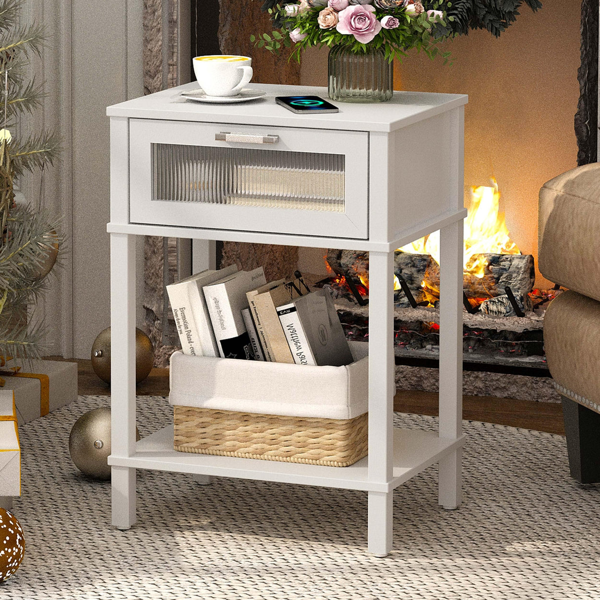 Nightstand Wooden Bedside Table with Drawer White Night Stands Modern Style Small End Table Side Table with Storage Shelf for Bedroom Living Room MLBZ10W MMEOLUOOK