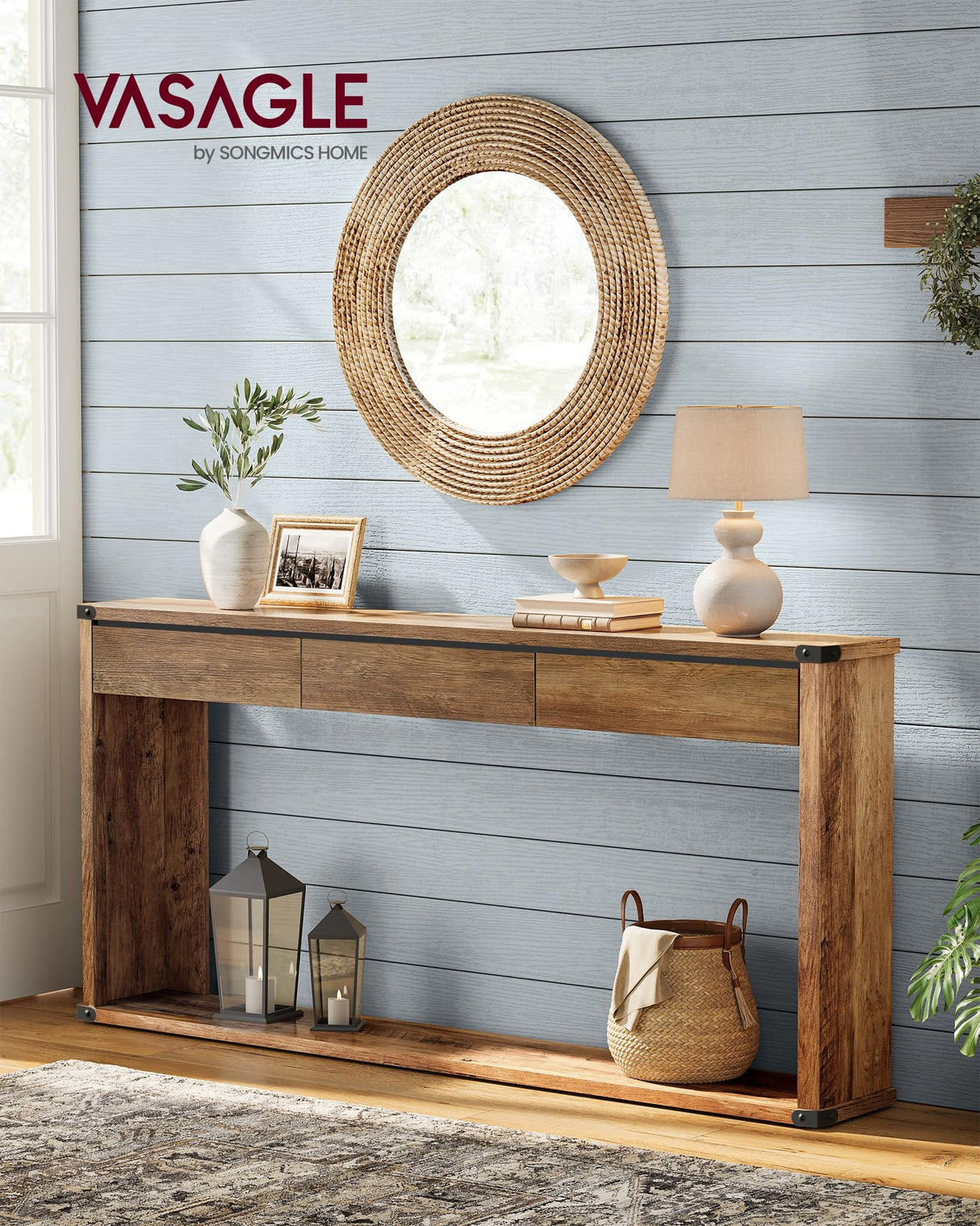 VASAGLE Sofa Console Table, 63 Inches Narrow Entryway Table with 3 Drawers, Bottom Shelf, Metal Corners, for Living Room, Bedroom, Farmhouse Style, Honey Brown ULNT146KB01S VASAGLE