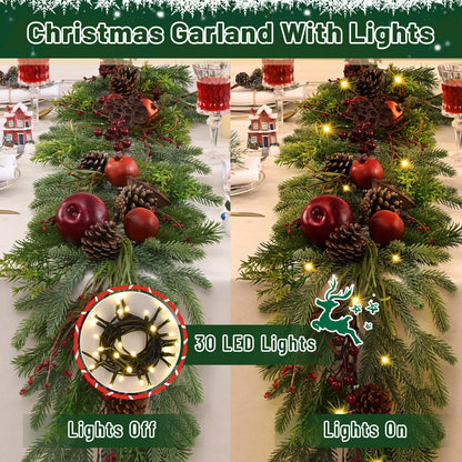 Christmas Garland - 5.9ft Christmas Garland for Mantle, Norfolk Pine Garland Cedar Garland with Christmas Fruits Lotus Pod Garlands for Home Party Fireplace Decor