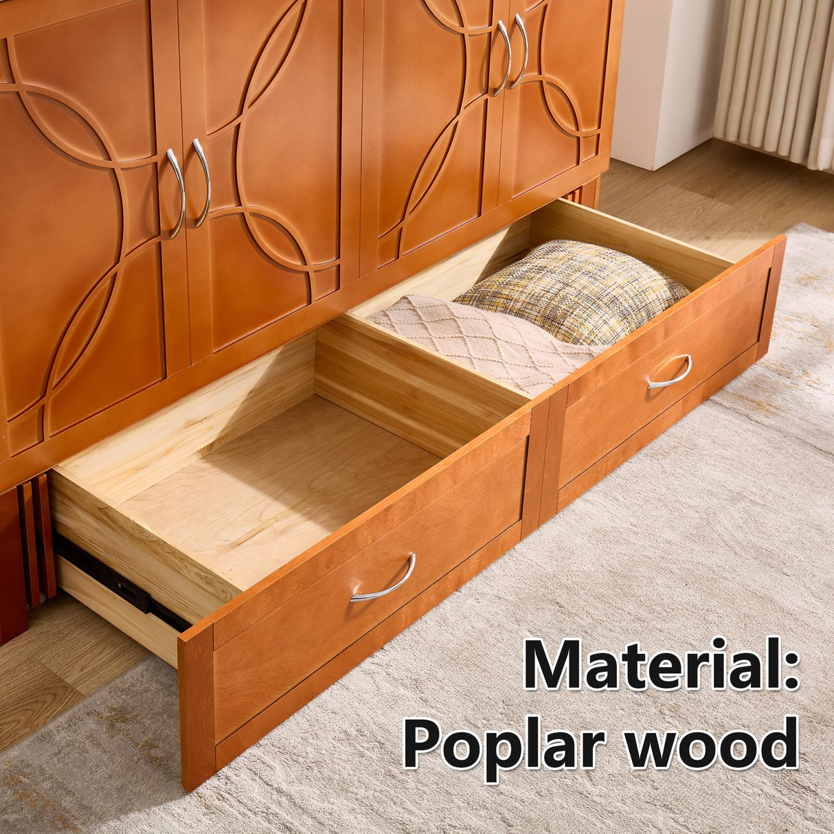 Murphy Bed with Mattress Included, Queen Murphy Cabinet Bed with Storage Drawers and Charging Station, Space-Saving Cabinet beds for Guest Room, Living Room, Poplar Wood BOVONO