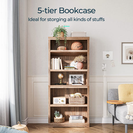 LINSY HOME 5-Tier Adjustable Dark Brown Bookcase for Stylish Home Storage LINSY HOME