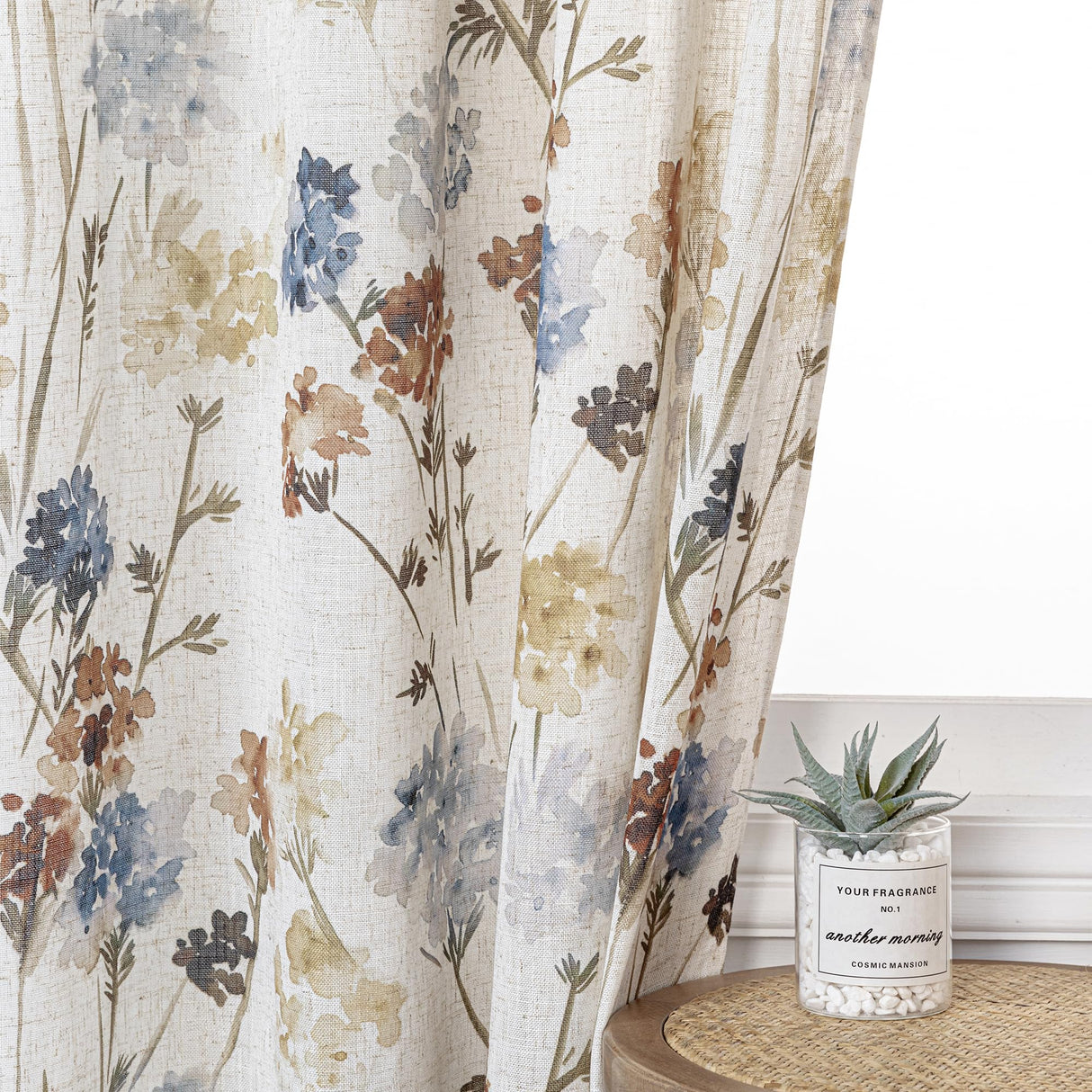 MYSKY HOME Floral Linen Curtains 84 inch Length 2 Panels Set Fall Patterned Semi Sheer Light Filtering Privacy Farmhouse Grommet Drapes for Living/Dining Room, Yellow, W52 x L84, Pack-2 MYSKY HOME