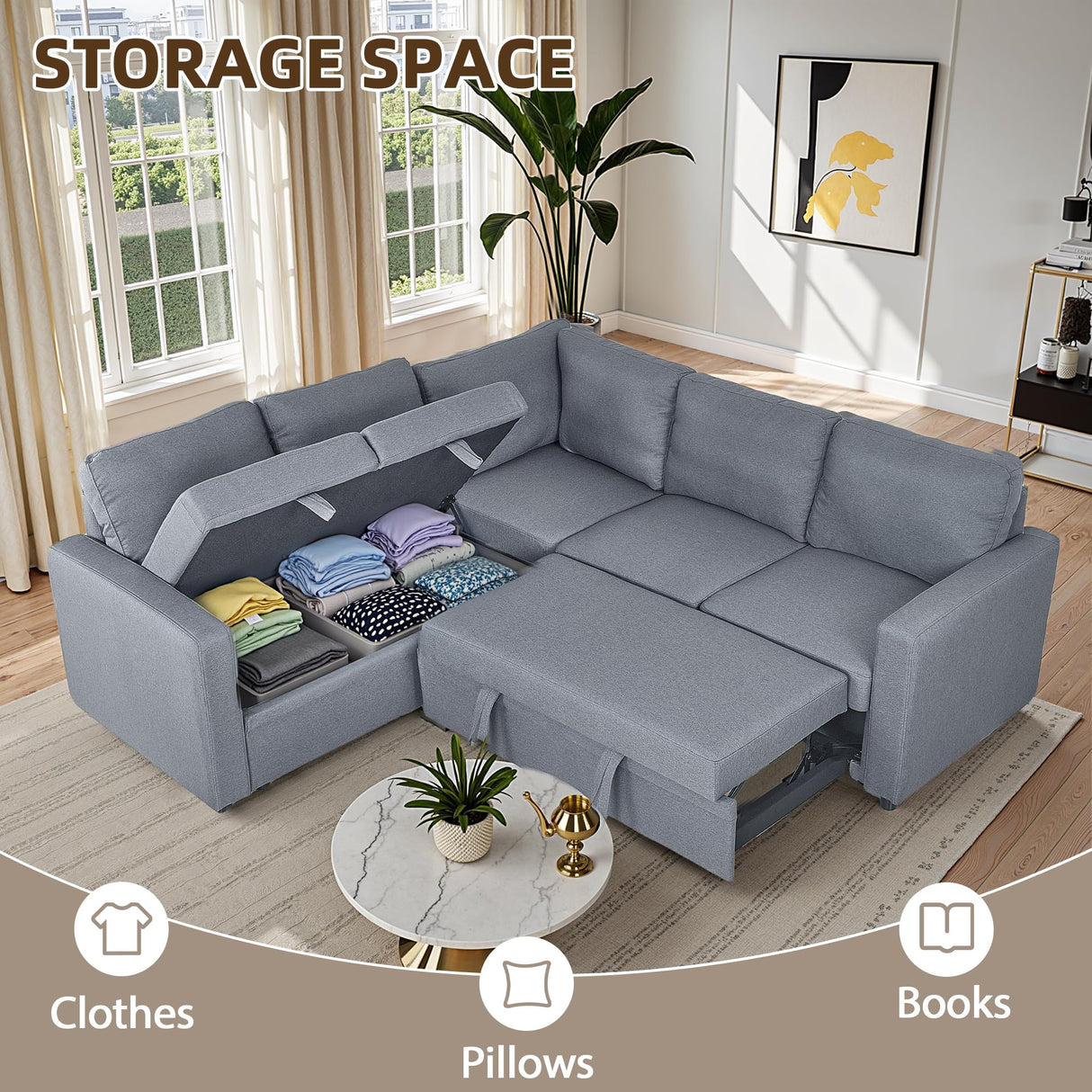 Trygoal 81 Inch Pull Out Sleeper Sofa, Sectional Couches for Living Room, 5-Seater Pull Out Couch with Storage, Convertible Sofa Bed for Small Space, Guest Room, Apartment, Gray Trygoal