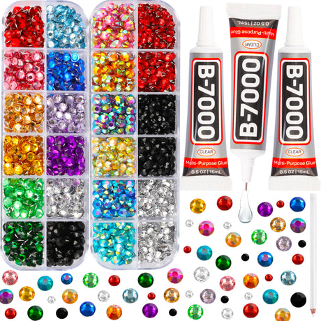 b7000 Glue with 11000Pcs Multicolored Rhinestones Flatback for Crafts Clothing Clothes Fabric Crafting Tumblers, Bedazzler Kit with Multi Colorful Gems Rainbow Flat Back Crystal 2-5mm Assorted Colored Worthofbest