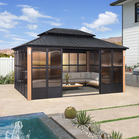 PURPLE LEAF 12' X 16' Sunroom Patio Hardtop Gazebo Double Top Galvanized Steel Roof Outdoor Screen House Aluminum Solarium Backyard Sun Room PURPLE LEAF