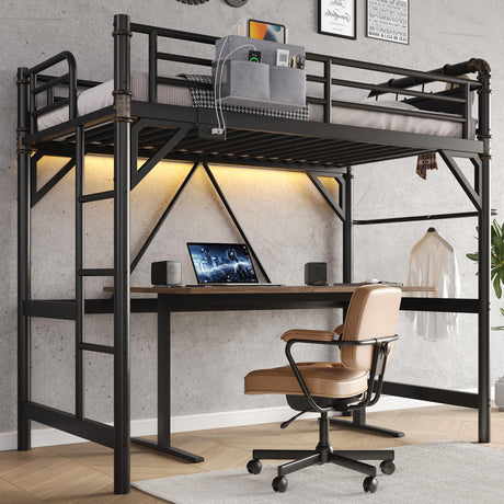 Twin Size Loft Bed with LED Lights and Charging Station, Industrial Heavy Duty Metal Loft Bed Frame with Ladder and Guardrail for Kids Adults, Small Space Saving Design for Bedroom Dorm, Black Jocoevol