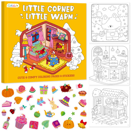 Cute & Cozy Coloring Book, 50 Sheets Warm Scenes with 600+ Stickers, Cute Animals- Themed Pages Stress Relief for Adults & Teens Relaxation, Comfy Day, Cozy Hygge Moment (8.3” x 8.3”) Gethelud