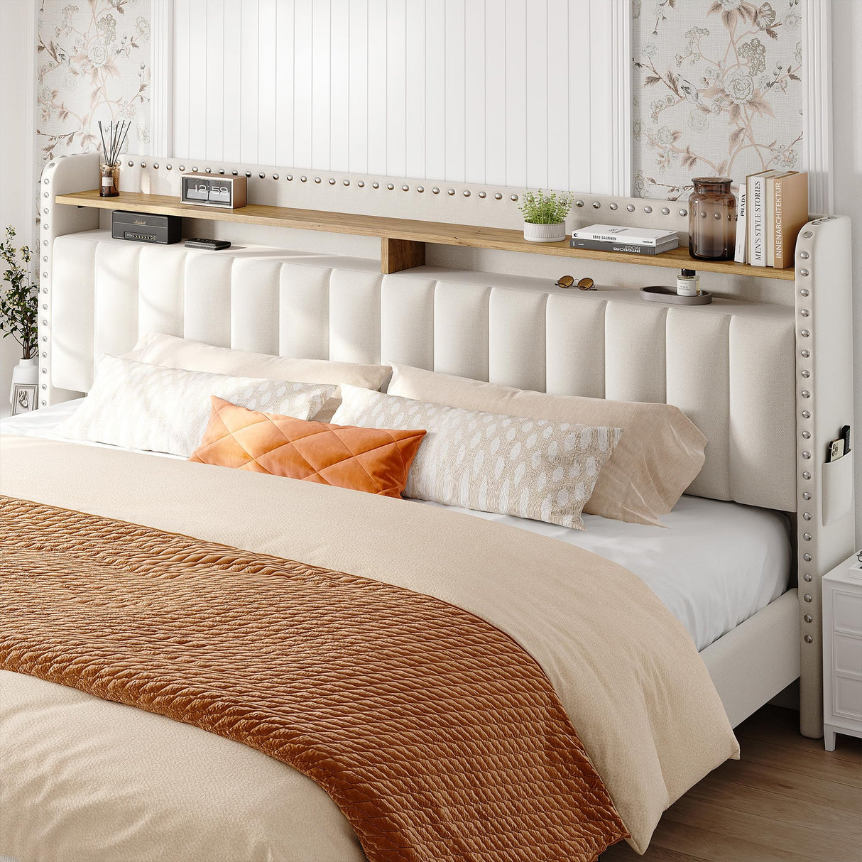 EnHomee King Size Bed Frame with Storage and Headboard, Upholstered King Bed Frame with Storage, King Bed Frame with 2 Drawers, King Size Bed Frame with Storage, NO Noise,No Box Spring Needed EnHomee