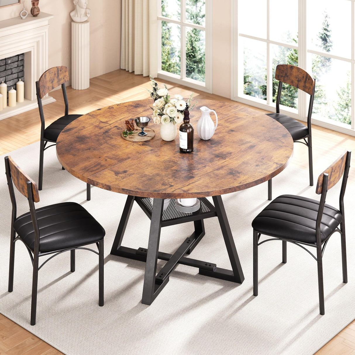 Round Dining Table Set for 4, Kitchen Table and Chairs for 4, Circle Table Round Pedestal Dining Room Dinner Dinette Table Set,5 Piece Space Saving Wood Kitchen & Dining Room Tables (Vintage, 42In) Jocoevol
