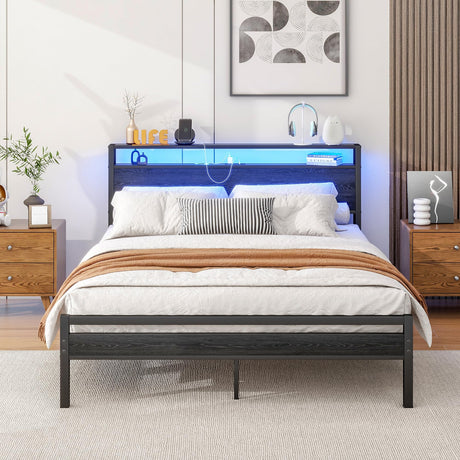 Queen Bed Frame with Storage Headboard/LED Lights,Metal Platform Bed Frame Queen Size with Storage Charging Station,Queen Bed Frame No Box Spring Needed,Heavy Duty Metal Slats,Bed Base,No Noise,Black HOJINLINERO