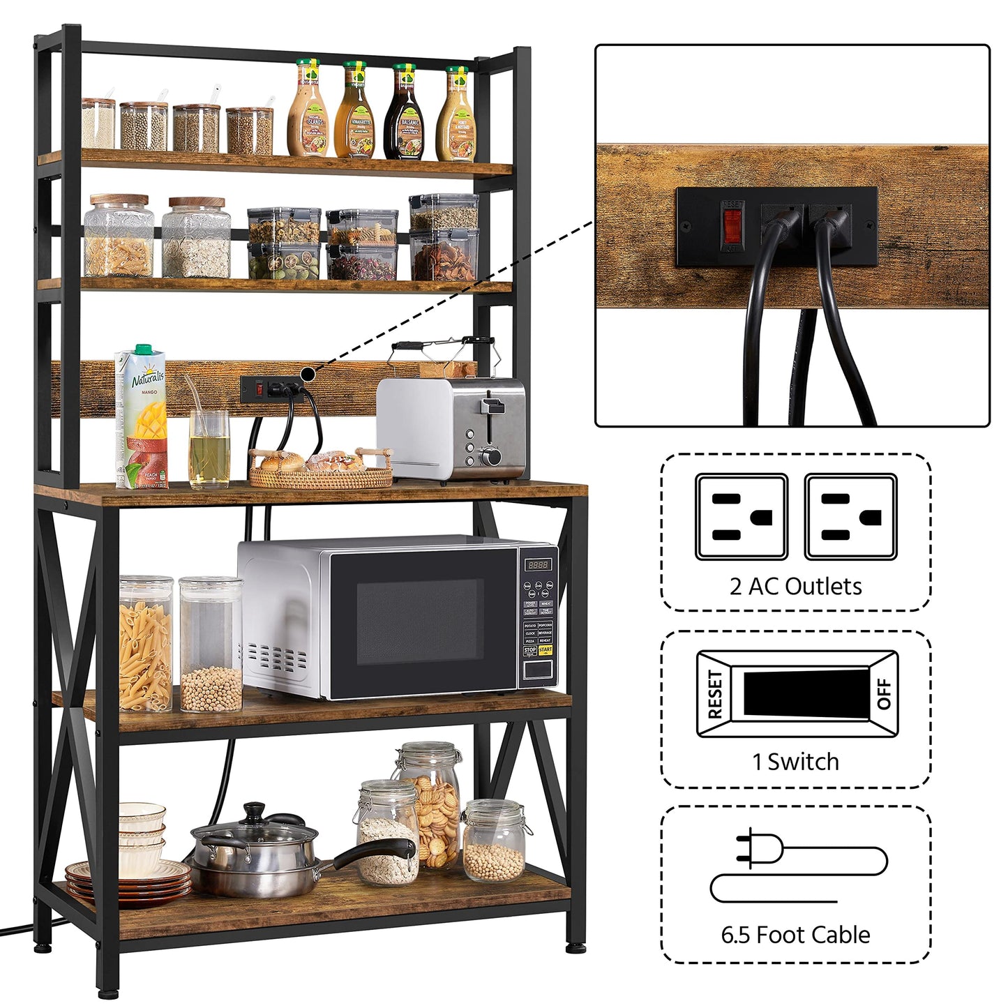 Yaheetech Rustic Brown Kitchen Bakers Rack with Power Outlet and 5-Tier Utility Storage Shelf - WoodArtSupply