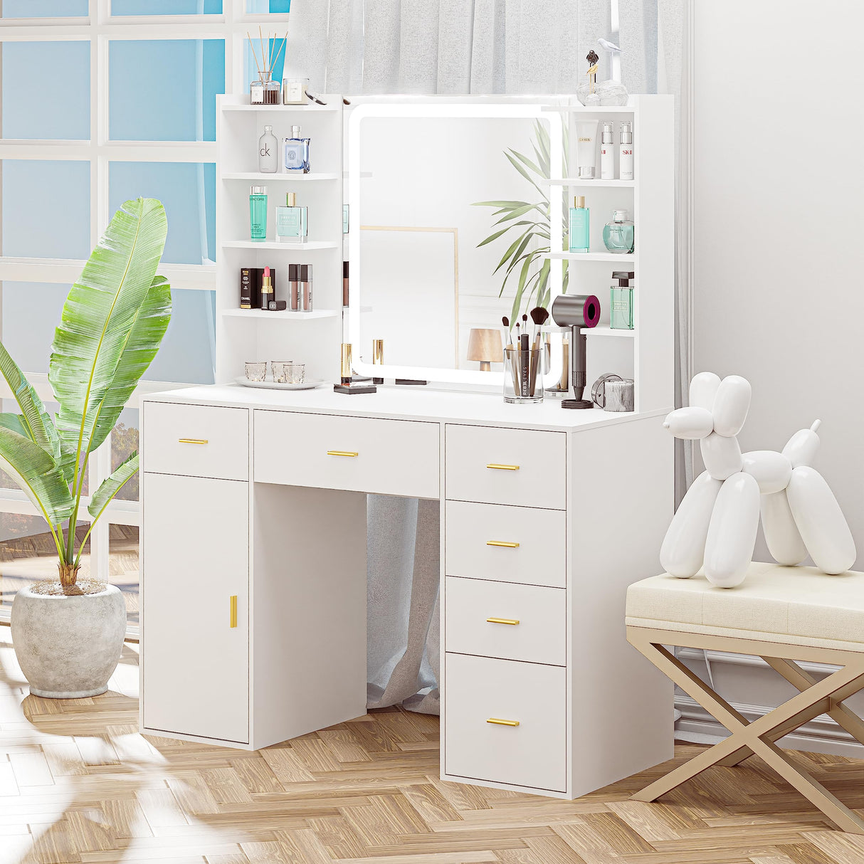 VoirStar Vanity Desk with Mirror & Light, Makeup Vanity with Lights, 6 Drawers Makeup Table with Mirror, 3 Lighting Colors, Dressing Table, Large Storage Vanity Desk with Shelf, White VoirStar