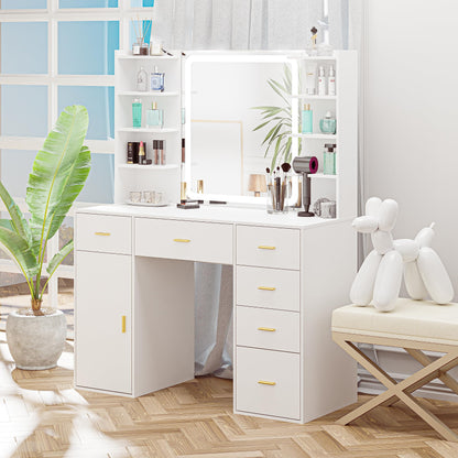 VoirStar Vanity Desk with Mirror & Light, Makeup Vanity with Lights, 6 Drawers Makeup Table with Mirror, 3 Lighting Colors, Dressing Table, Large Storage Vanity Desk with Shelf, White - WoodArtSupply