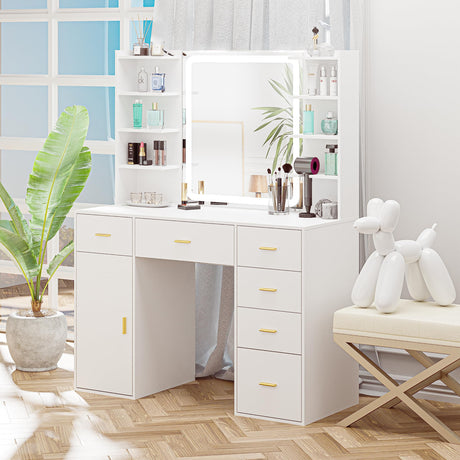VoirStar Vanity Desk with Mirror & Light, Makeup Vanity with Lights, 6 Drawers Makeup Table with Mirror, 3 Lighting Colors, Dressing Table, Large Storage Vanity Desk with Shelf, White VoirStar
